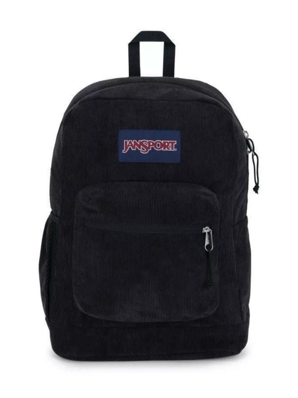 Jansport Black Corduroy Backpack with Navy Logo Patch
